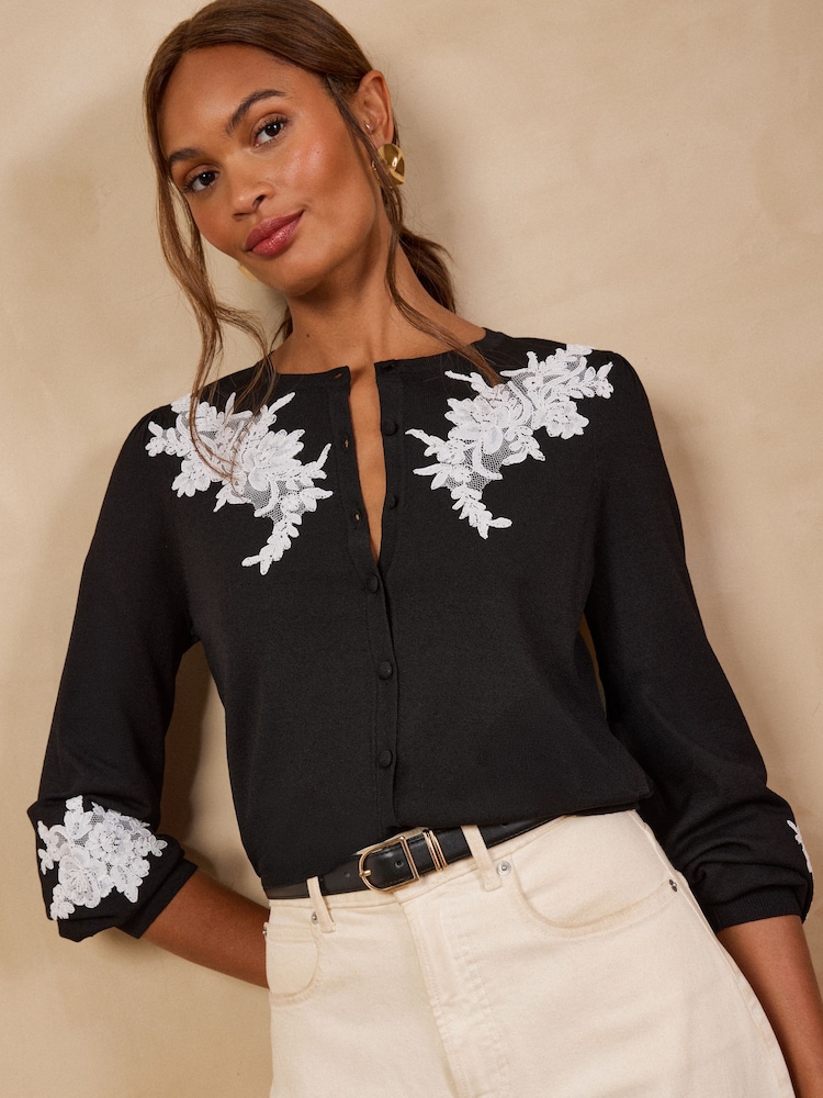 Love & Roses Monochrome Lace Detail Crew Neck Knitted Cardigan - Image 4 of 4