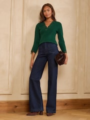Love & Roses Teal Blue Lace Detail V-Neck Long Sleeve Knitted Top - Image 3 of 4
