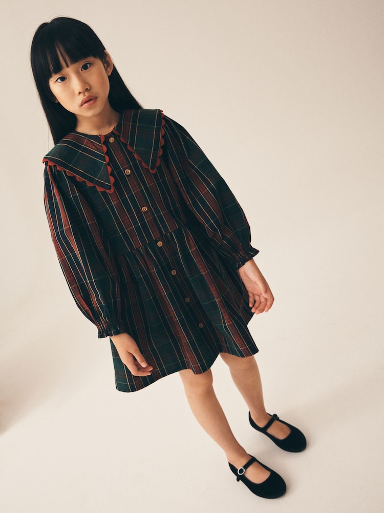 Qırmızı - Collar Tartan Dress (3-16yrs) - 9şəkildən 2 şəkil