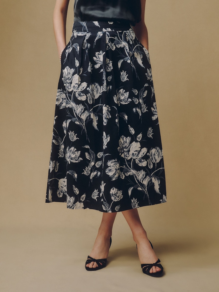 Laura Ashley Monochrome Gosford Print Midi Skirt - Image 1 of 5