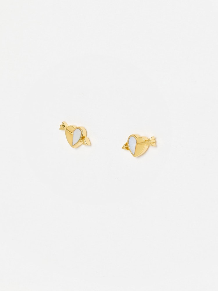 Oliver Bonas Gold Amor Mother of Pearl Heart & Arrow Plated Stud Earrings - Image 1 of 3