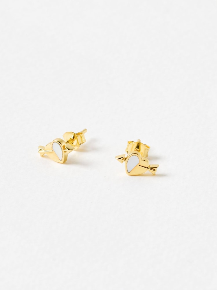 Oliver Bonas Gold Amor Mother of Pearl Heart & Arrow Plated Stud Earrings - Image 2 of 3
