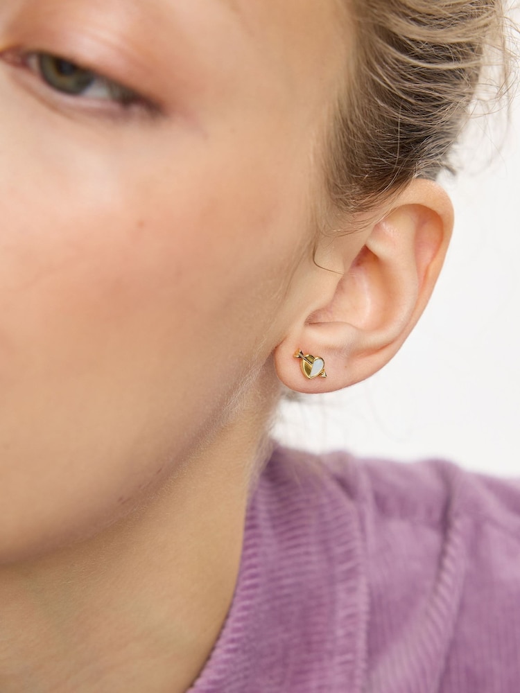 Oliver Bonas Gold Amor Mother of Pearl Heart & Arrow Plated Stud Earrings - Image 3 of 3