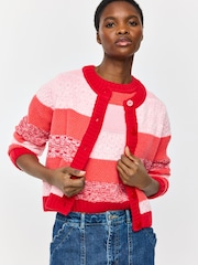 Oliver Bonas Pink Striped Crew Neck Knitted Cardigan - Image 1 of 7