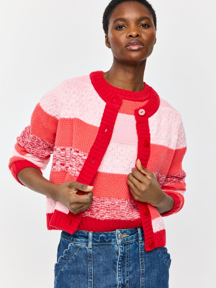Oliver Bonas Pink Striped Crew Neck Knitted Cardigan - Image 1 of 7 Oliver Bonas Pink Striped Crew Neck Knitted Cardigan - Image 1 of 7