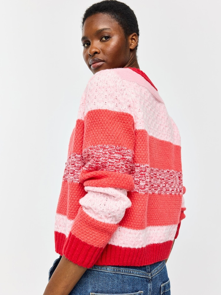 Oliver Bonas Pink Striped Crew Neck Knitted Cardigan - Image 2 of 7 Oliver Bonas Pink Striped Crew Neck Knitted Cardigan - Image 2 of 7