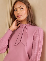 Love & Roses Rose Pink Tie Neck Long Sleeve Stitch Detail Knitted Top - Image 2 of 4