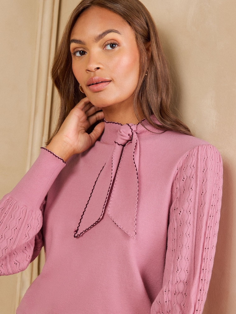 Love & Roses Rose Pink Tie Neck Long Sleeve Stitch Detail Knitted Top - Image 2 of 4 Love & Roses Rose Pink Tie Neck Long Sleeve Stitch Detail Knitted Top - Image 2 of 4