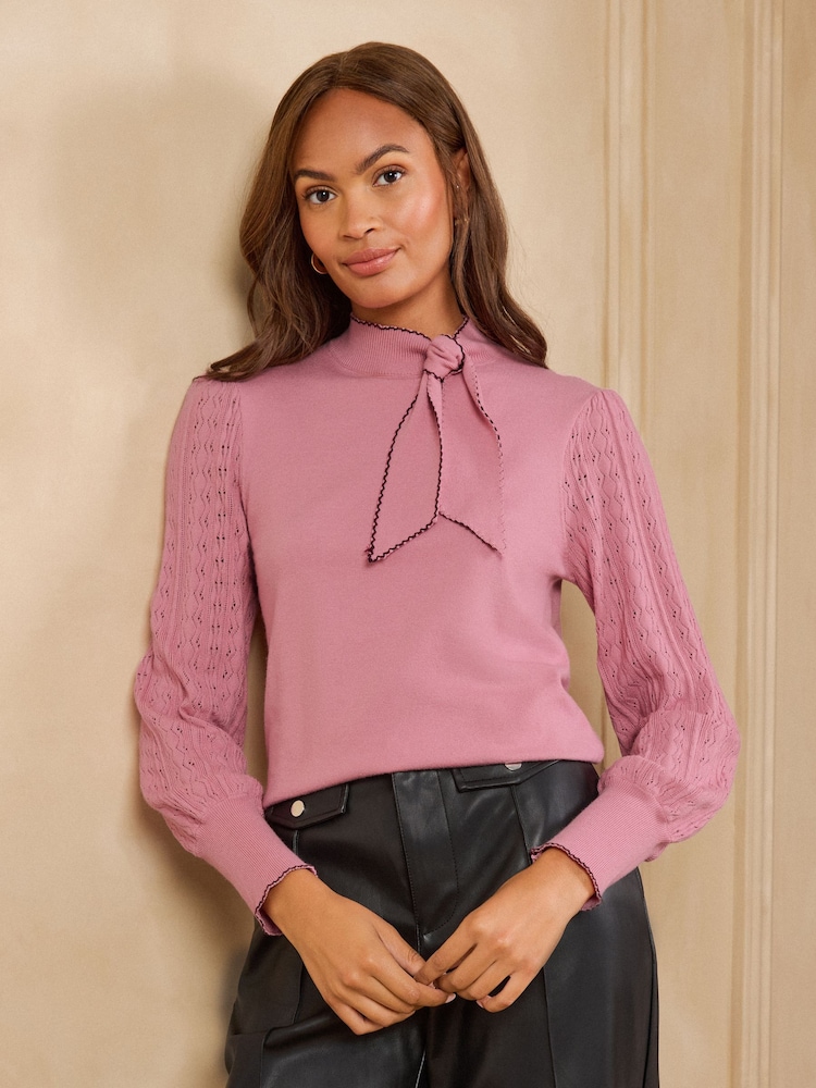 Love & Roses Rose Pink Tie Neck Long Sleeve Stitch Detail Knitted Top - Image 4 of 4 Love & Roses Rose Pink Tie Neck Long Sleeve Stitch Detail Knitted Top - Image 4 of 4