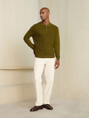 Olive Green Smart Textured Quarter Zip Knitted Polo Shirt - Image 2 of 9