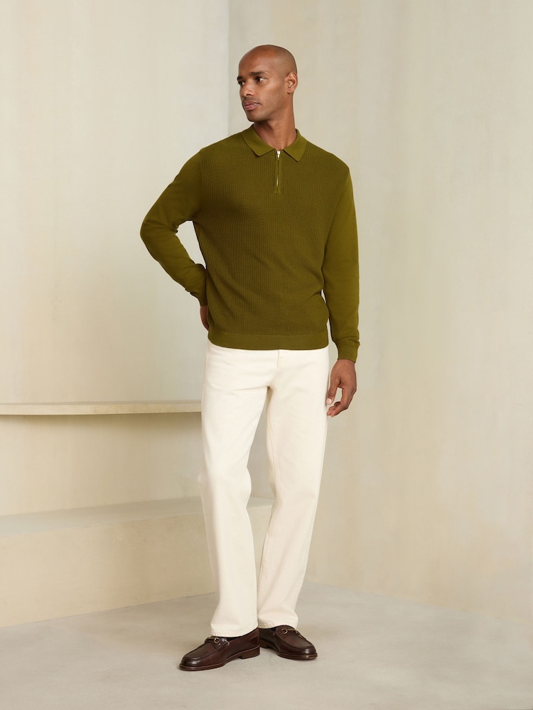 Olive Green Smart Textured Quarter Zip Knitted Polo Shirt - Image 2 of 9 Olive Green Smart Textured Quarter Zip Knitted Polo Shirt - Image 2 of 9