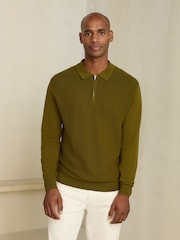 Olive Green Smart Textured Quarter Zip Knitted Polo Shirt - Image 3 of 9