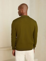 Olive Green Smart Textured Quarter Zip Knitted Polo Shirt - Image 4 of 9