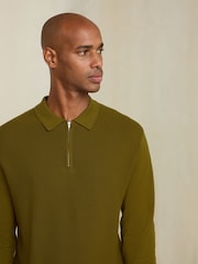 Olive Green Smart Textured Quarter Zip Knitted Polo Shirt - Image 5 of 9