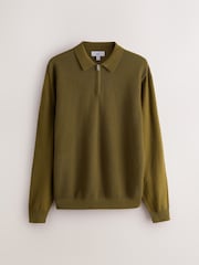 Olive Green Smart Textured Quarter Zip Knitted Polo Shirt - Image 7 of 9