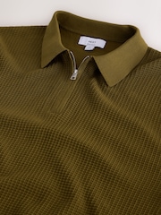 Olive Green Smart Textured Quarter Zip Knitted Polo Shirt - Image 8 of 9