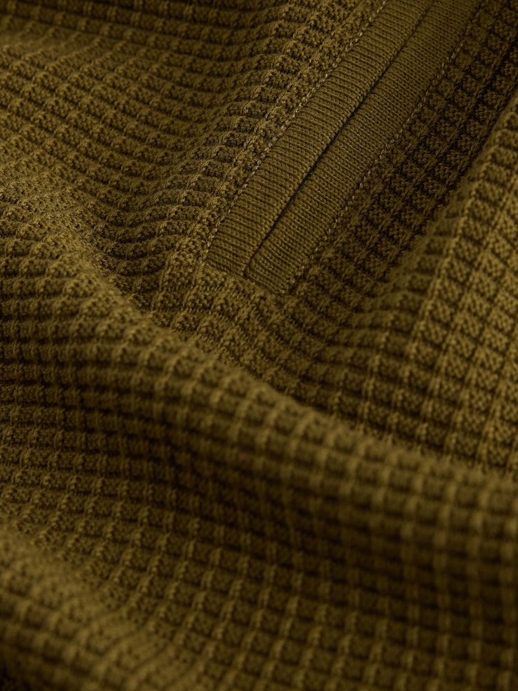 Olive Green Smart Textured Quarter Zip Knitted Polo Shirt - Image 9 of 9 Olive Green Smart Textured Quarter Zip Knitted Polo Shirt - Image 9 of 9