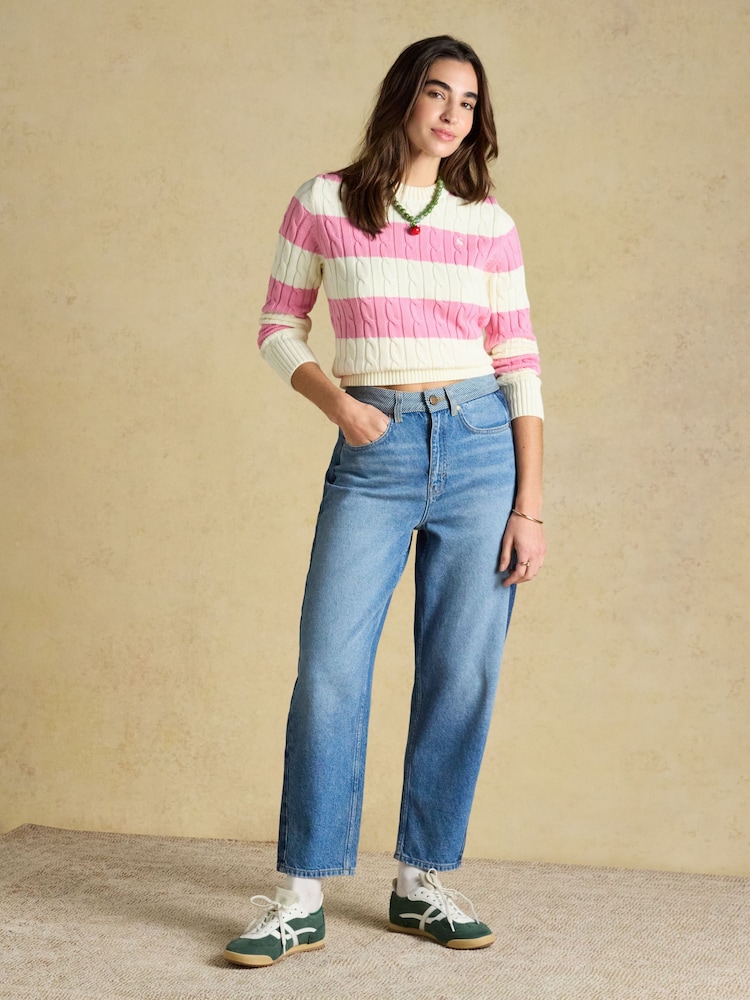 Joules Cream & Pink Striped Classic Crew Neck Cotton Cable Knit Jumper - Image 6 of 6