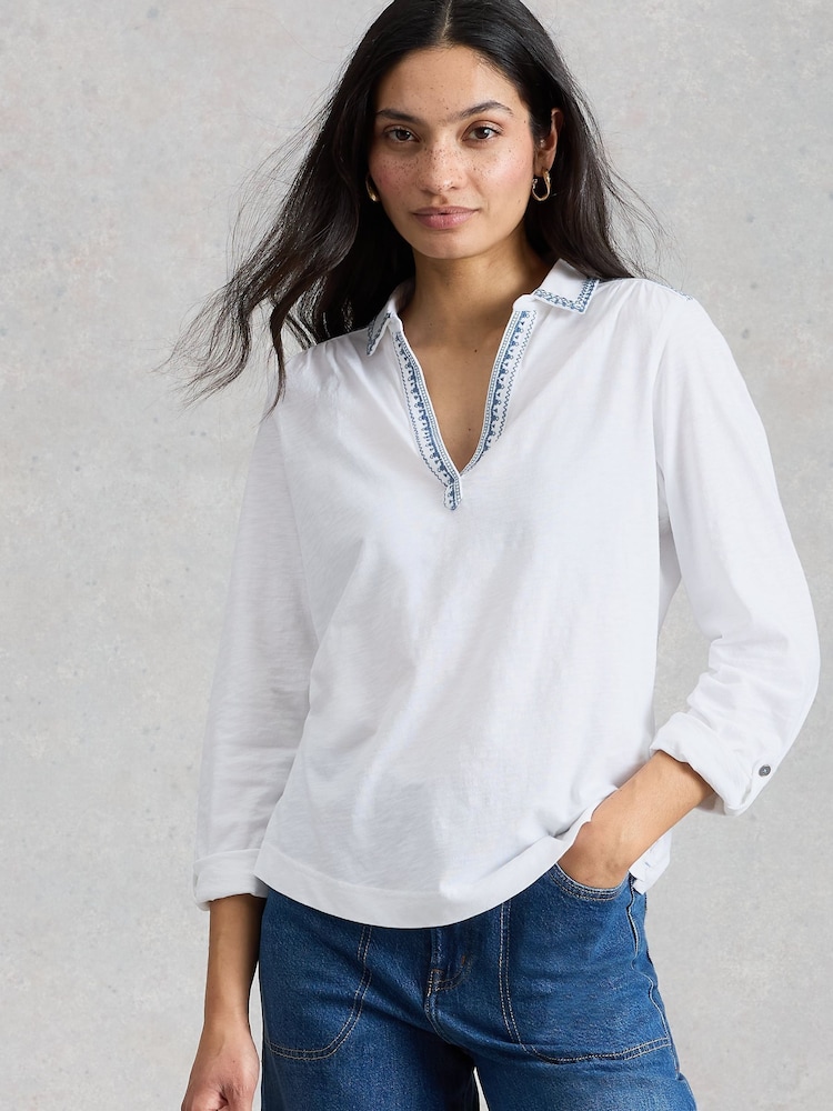 White Stuff White Allie Jersey Embroidered Blouse - Image 1 of 6