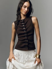 Anthropologie Ruched Sleeveless Buttondown Top - Image 1 of 4