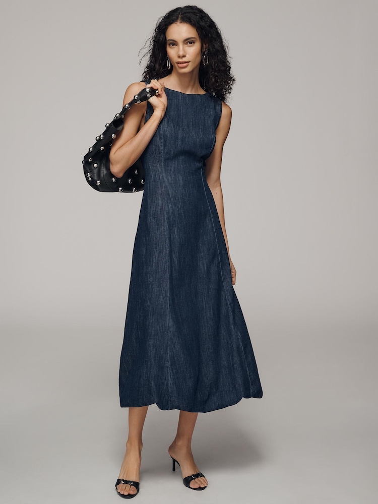 Anthropologie Boat Neck Denim Midi Blue Dress - Image 1 of 3