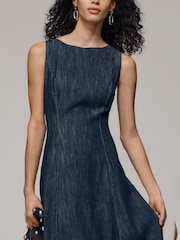 Anthropologie Boat Neck Denim Midi Blue Dress - Image 3 of 3
