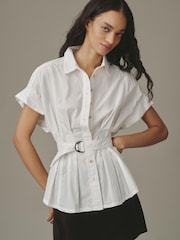 Anthropologie The Bobbie Short Sleeve Belted Button Down White Shirt - Εικόνα 1 από 4