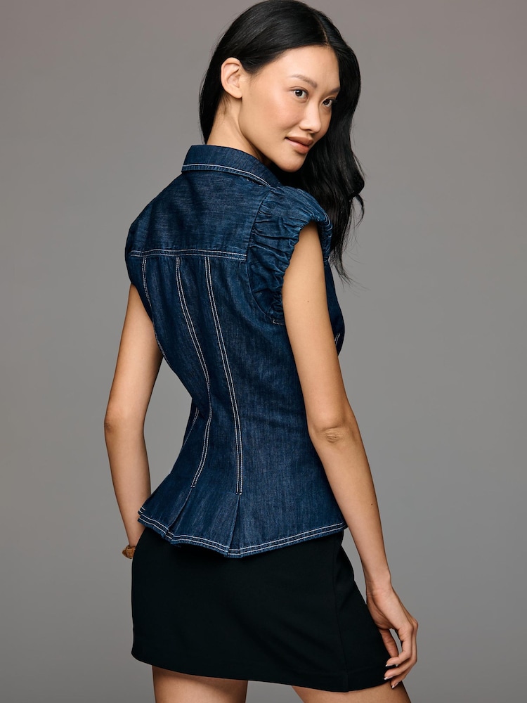 Anthropologie Pilcro Puff Sleeve Blue Denim Top - Image 2 of 4