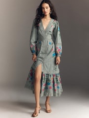 Anthropologie Floral Button-Front Midi Green Dress - صورة 1 من 4