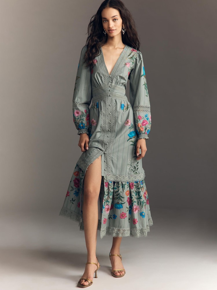 Anthropologie Floral Button-Front Midi Green Dress - صورة 1 من 4