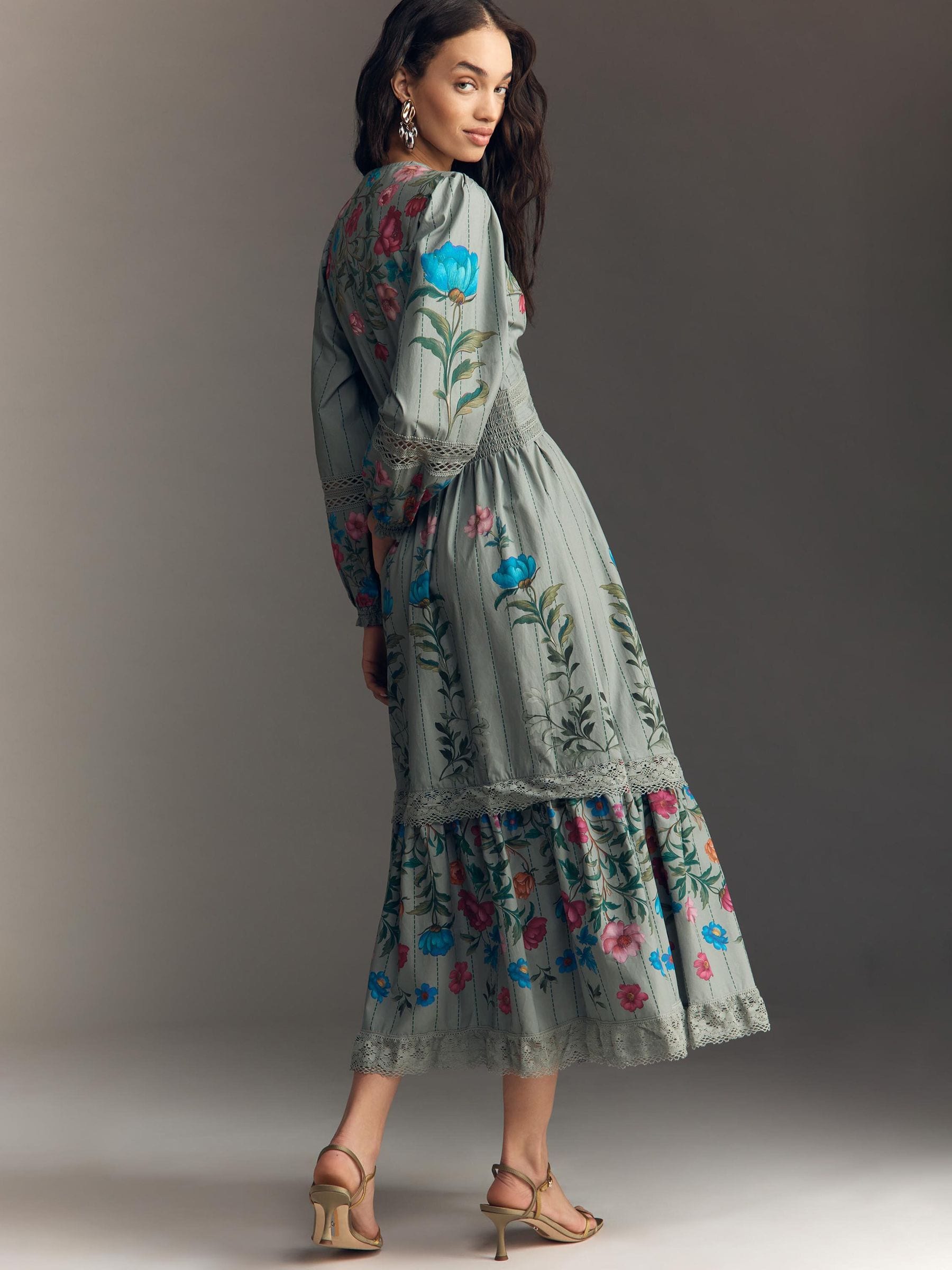 Buy Anthropologie Green Floral Long Sleeved V-Neck Button-Front