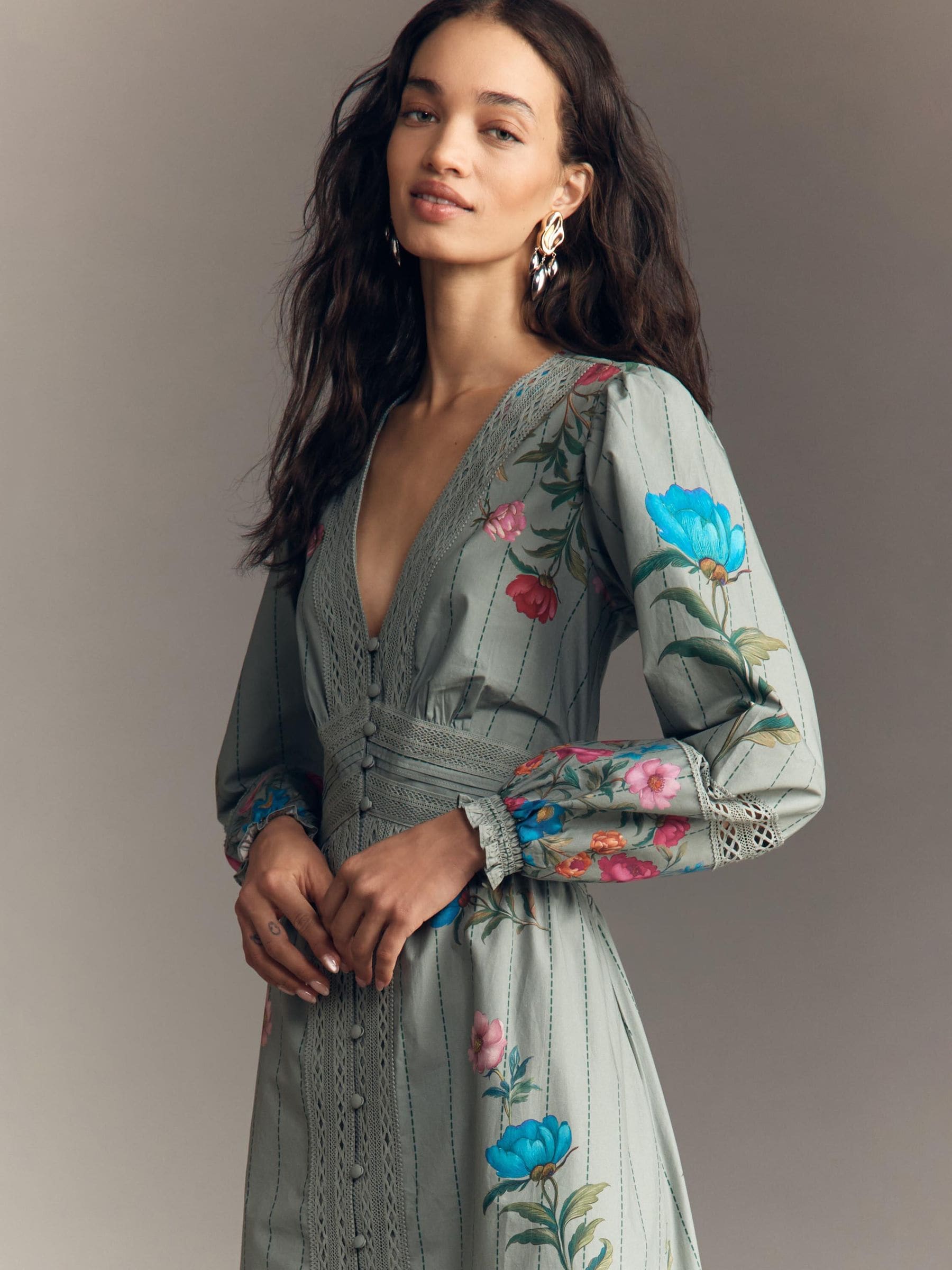 Buy Anthropologie Green Floral Long Sleeved V-Neck Button-Front