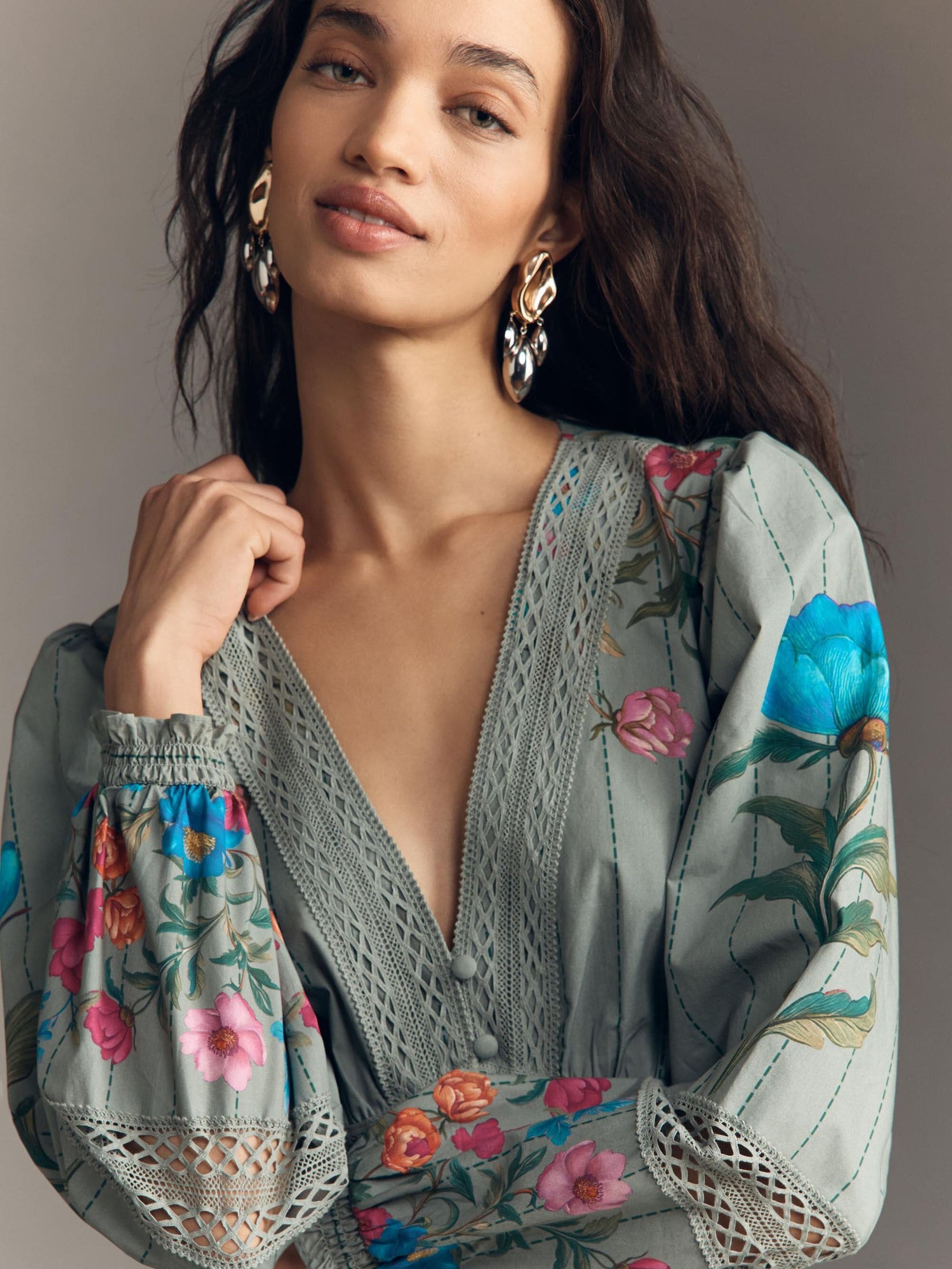 Buy Anthropologie Green Floral Long Sleeved V-Neck Button-Front