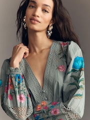 Anthropologie Floral Button-Front Midi Green Dress - صورة 4 من 4