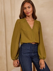 Love & Roses Ochre Yellow Dobby Lace Trim V-Neck Long Sleeve Blouse - Image 1 of 5