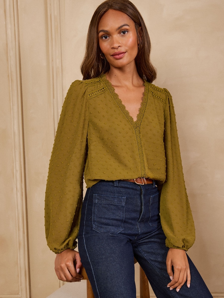 Love & Roses Ochre Yellow Dobby Lace Trim V-Neck Long Sleeve Blouse - Image 1 of 5