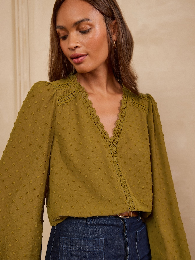 Love & Roses Ochre Yellow Dobby Lace Trim V-Neck Long Sleeve Blouse - Image 2 of 5