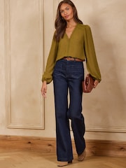 Love & Roses Ochre Yellow Dobby Lace Trim V-Neck Long Sleeve Blouse - Image 3 of 5