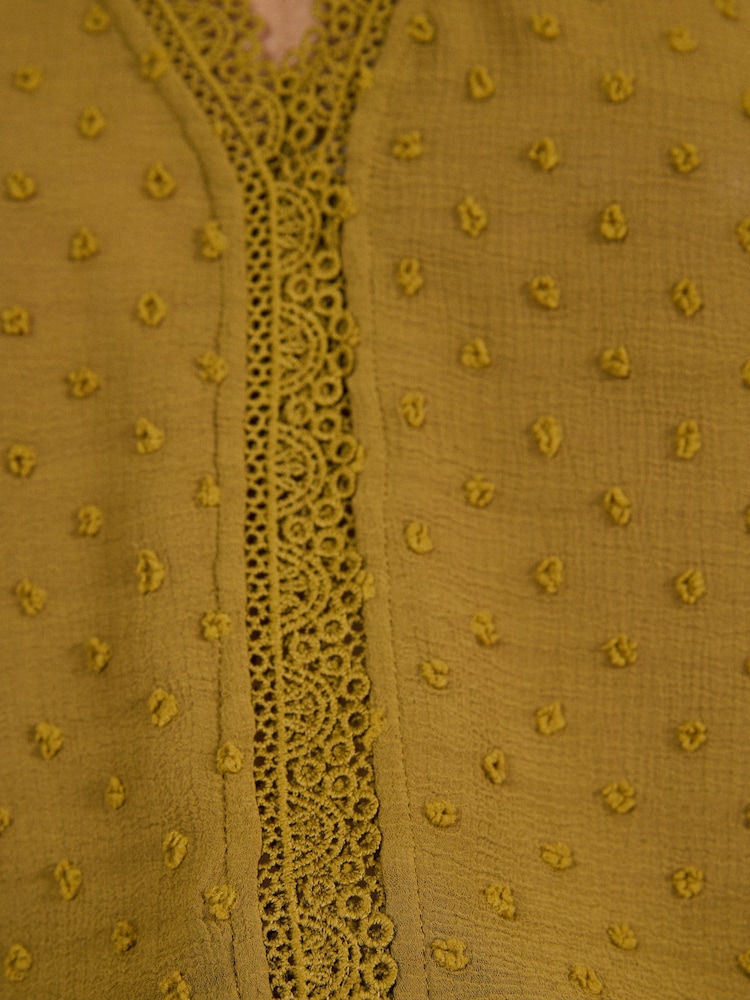 Love & Roses Ochre Yellow Dobby Lace Trim V-Neck Long Sleeve Blouse - Image 5 of 5