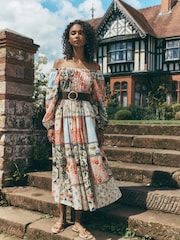 Multi Print National Trust X Next Long Sleeve Sqaure Neck Bow Midi Dress - Image 1 of 9
