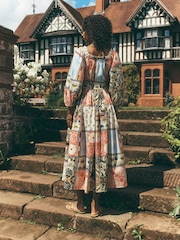 Multi Print National Trust X Next Long Sleeve Sqaure Neck Bow Midi Dress - Image 2 of 9