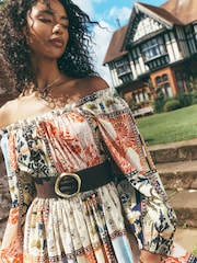 Multi Print National Trust X Next Long Sleeve Sqaure Neck Bow Midi Dress - Image 4 of 9