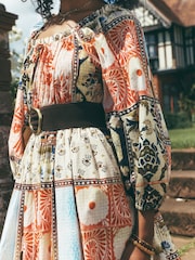 Multi Print National Trust X Next Long Sleeve Sqaure Neck Bow Midi Dress - Image 5 of 9