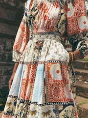 Multi Print National Trust X Next Long Sleeve Sqaure Neck Bow Midi Dress - Image 6 of 9