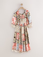 Multi Print National Trust X Next Long Sleeve Sqaure Neck Bow Midi Dress - Image 7 of 9