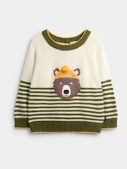 JoJo Maman Bébé Natural Green Stripe Bear Appliqué Knitted Jumper - Image 1 of 4