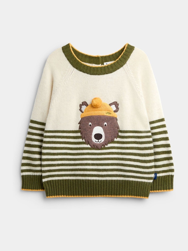 JoJo Maman Bébé Natural Green Stripe Bear Appliqué Knitted Jumper - Image 1 of 4 JoJo Maman Bébé Natural Green Stripe Bear Appliqué Knitted Jumper - Image 1 of 4