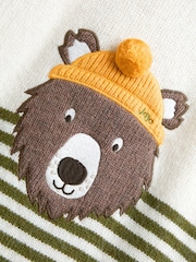 JoJo Maman Bébé Natural Green Stripe Bear Appliqué Knitted Jumper - Image 3 of 4