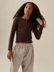 Chocolate Brown Long Sleeve Button Top (3-16yrs) - Image 1 of 3