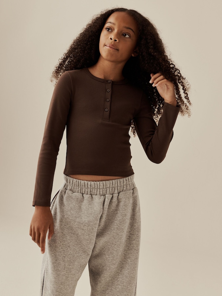 Chocolate Brown Long Sleeve Button Top (3-16yrs) - Image 1 of 3